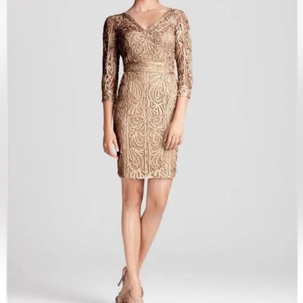 Sue Wong Lace Three Quarter Sleeve Taupe Dress